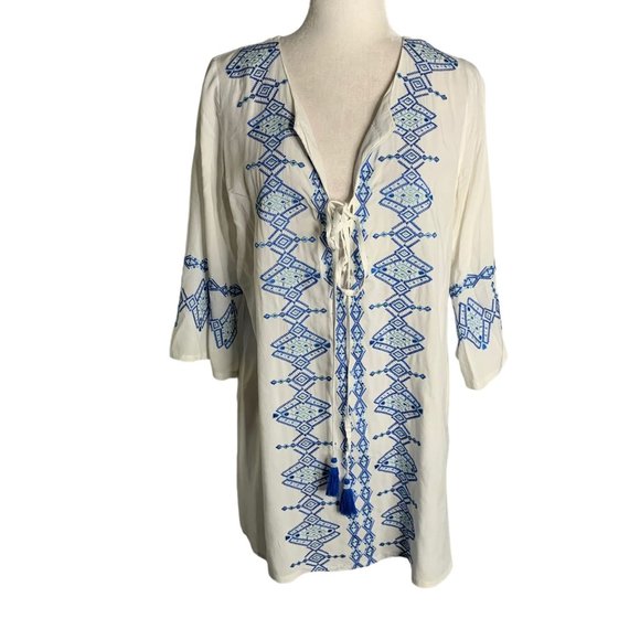 Solitaire Boho Cover Up Embroidered Tunic M White V Neck Lace Up Tassels - Picture 1 of 7